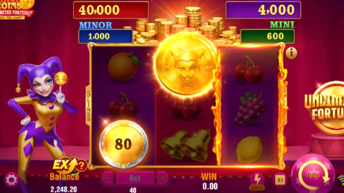 Tampilan visual slot Joker Coins Unlimited Fortune dengan tema neon dan simbol buah klasik.